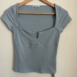 Reformation Dusty Blue Ribbed Square-Notch Short Sleeve Top - NEW WITH TAGS